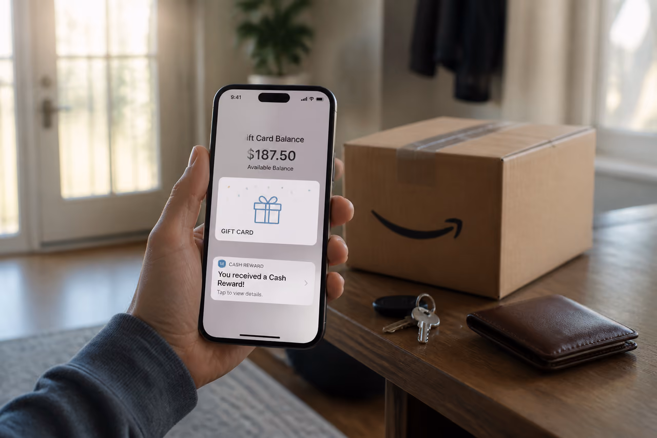 Person Holding Smartphone Showing Cash Reward Near Shipping Box