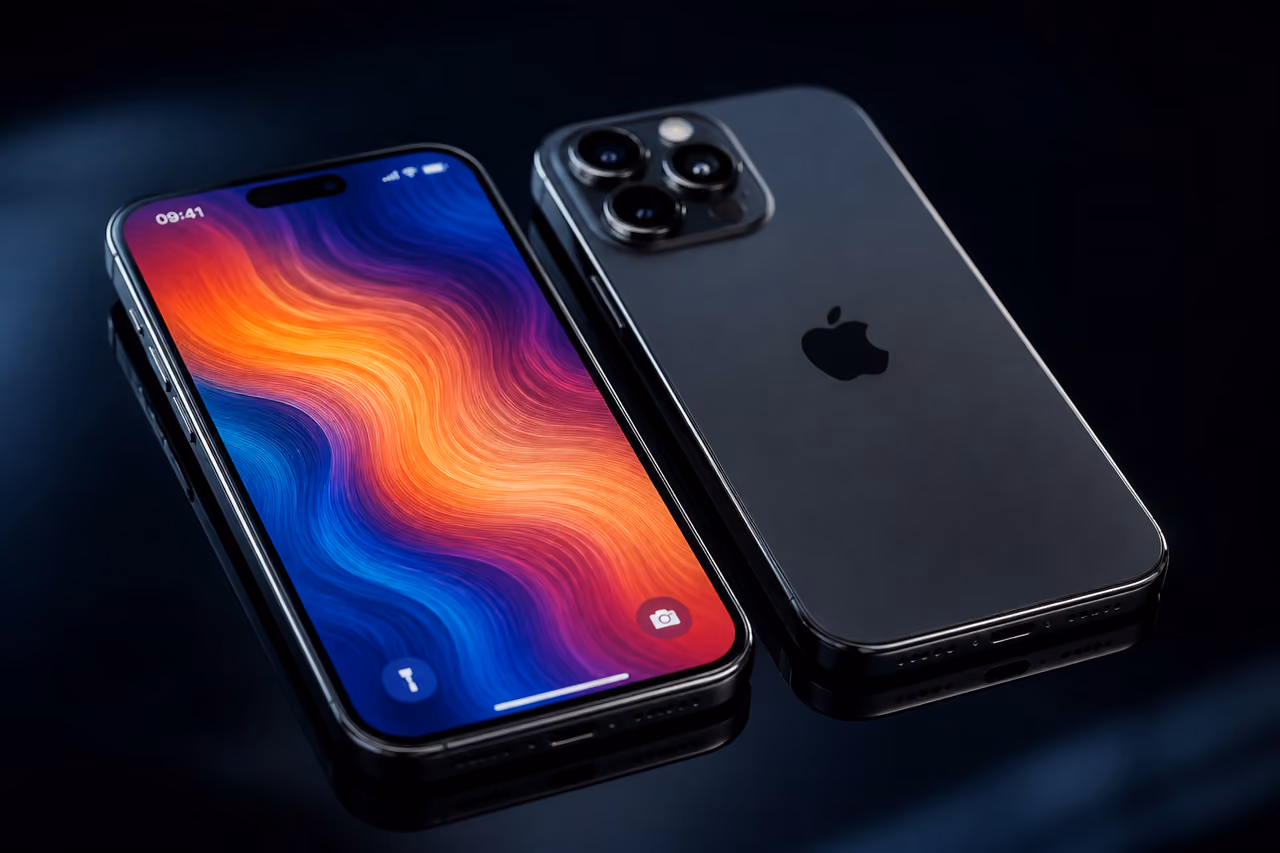 Modern Smartphone with Vibrant Display on Reflective Surface