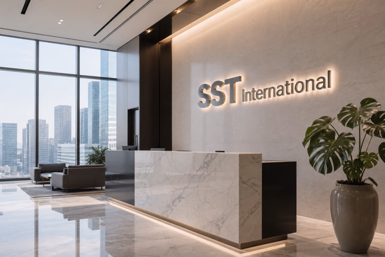 Modern Corporate Lobby Featuring Sst International Branding