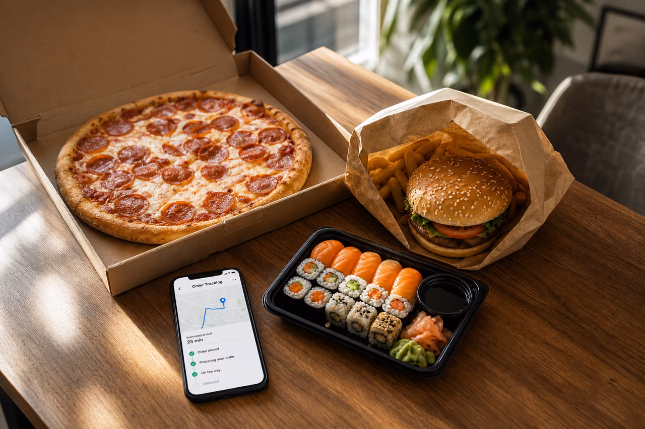 Assorted Takeout Meals and Smartphone on Dining Table