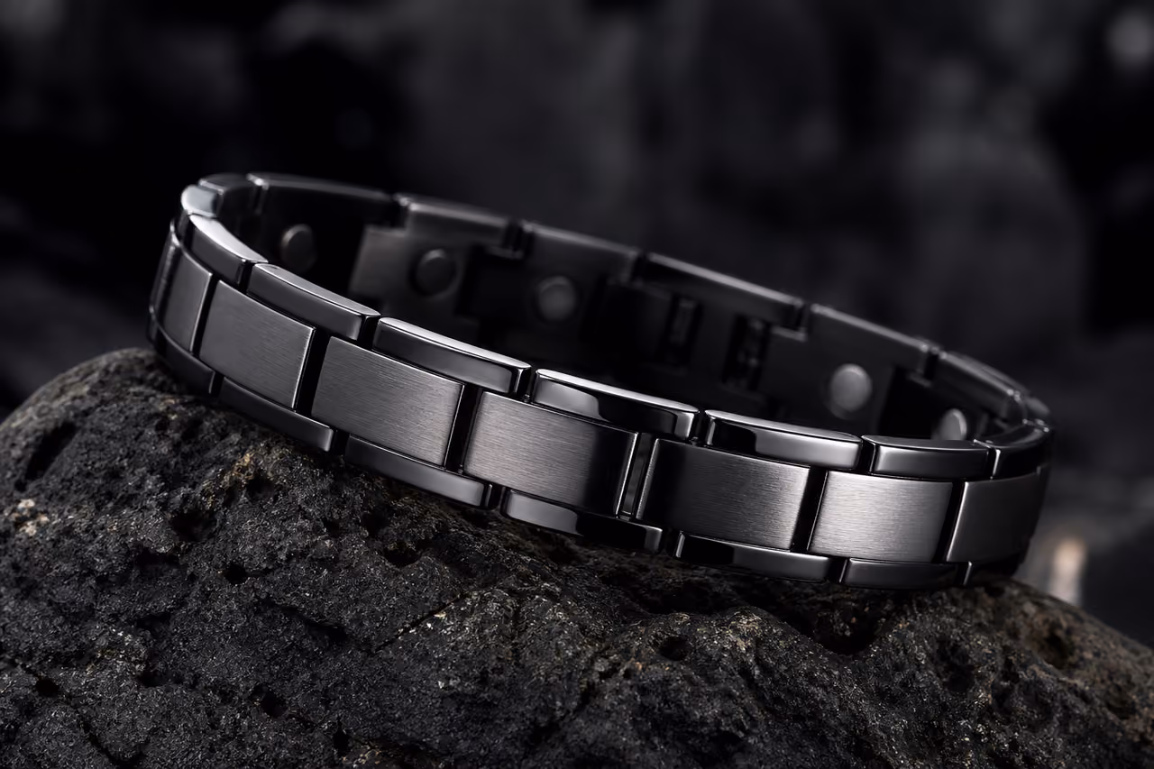 Magnetic Tungsten Bracelet on Dark Volcanic Stone