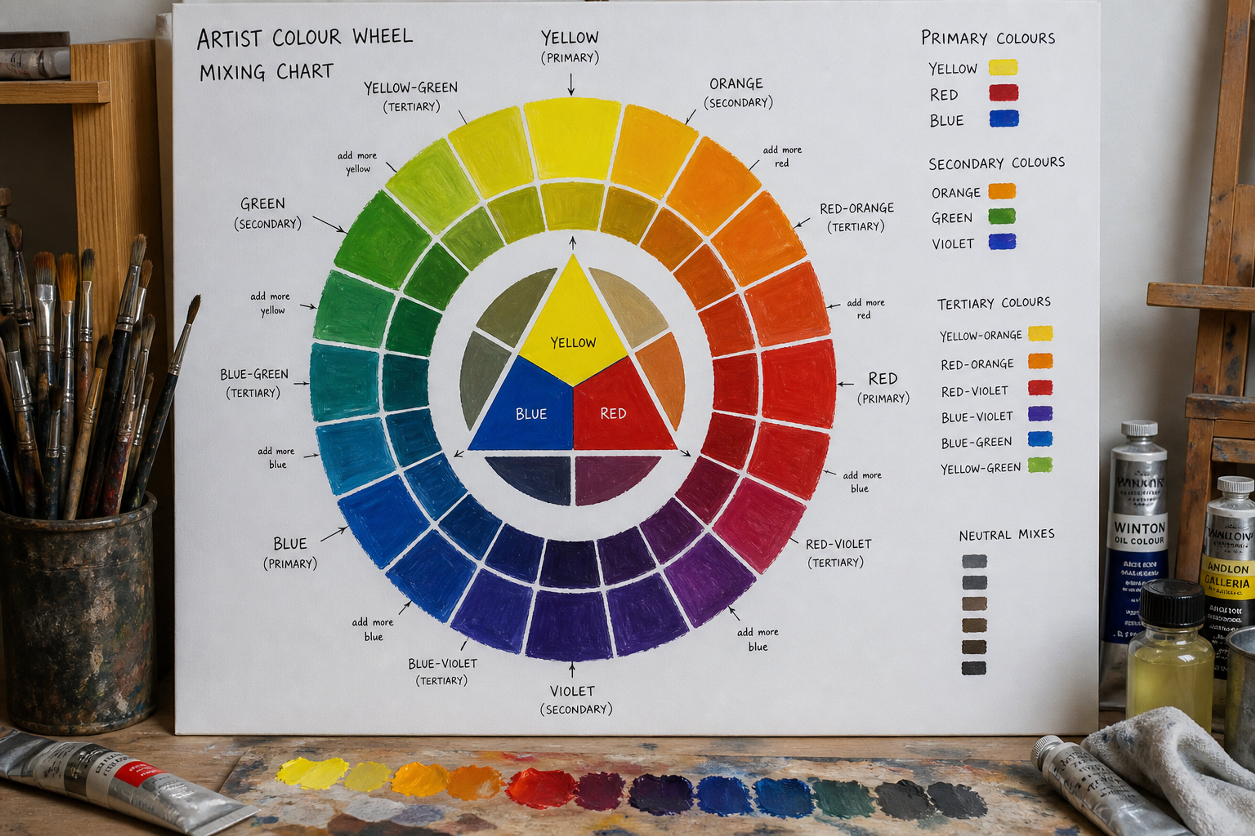 Artist Colour Wheel Mixing Chart with Painting Tools on Table