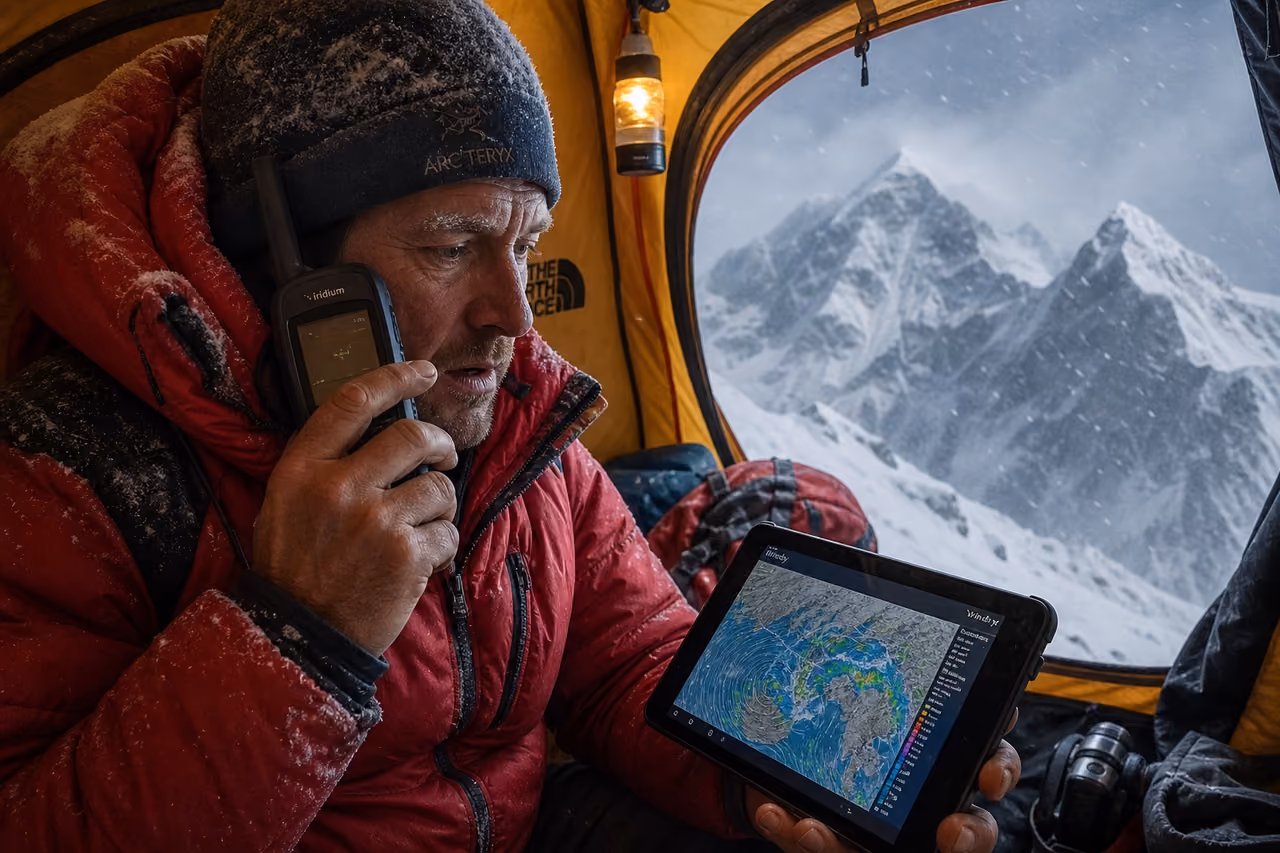 Mountaineer Checking Weather Reports Inside a Himalayan Expedition Tent