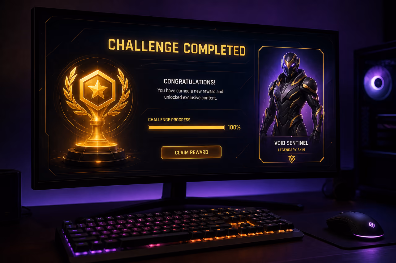 Gaming Monitor Displaying a Complete 60 Weekly Challenges Skin Reward