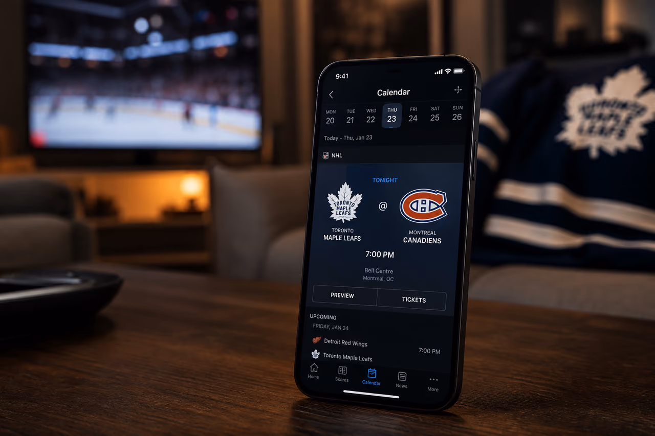 Smartphone Displaying Hockey Game Schedule on Coffee Table