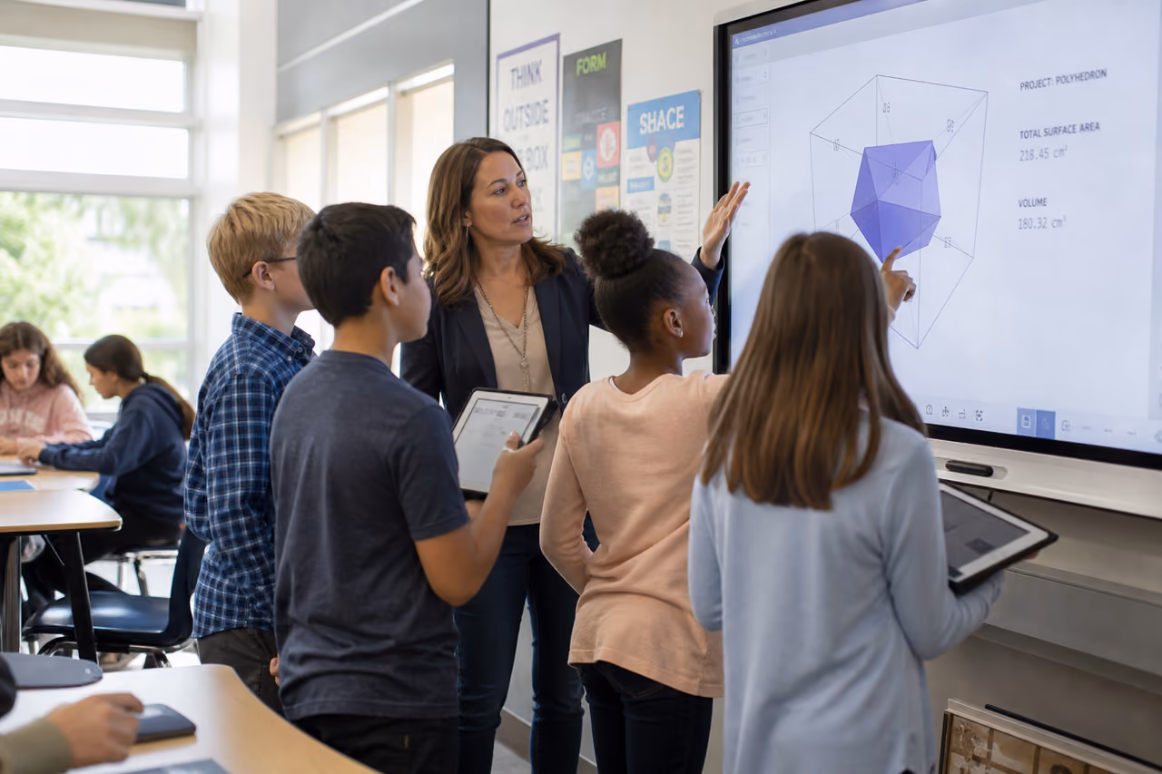 Students and Teacher Using Interactive Technology in a Modern Classroom