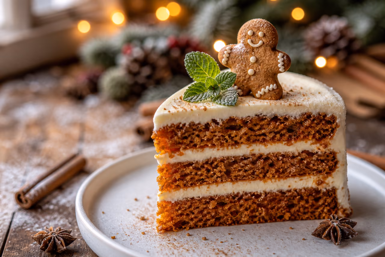 Layered Carrot Cake with Gingerbread Man for Vegetarian Christmas Dessert