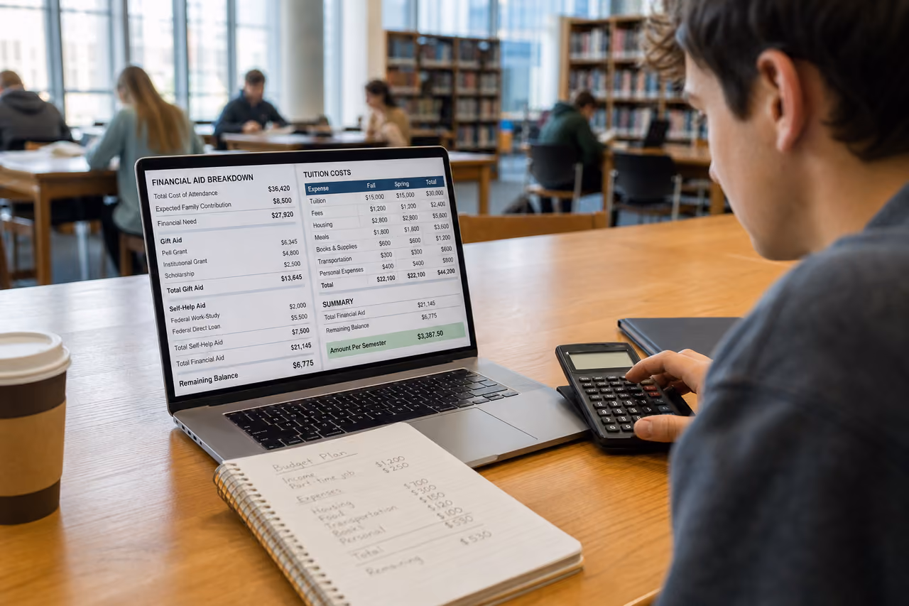College Student Analyzing Tuition Costs in a University Library