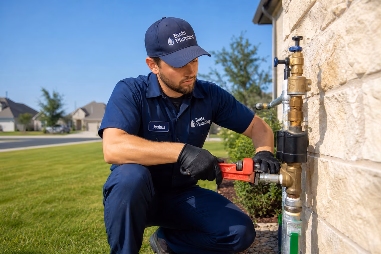 Plumber Repairing Outdoor Water Pipe at a Buda Texas Residence