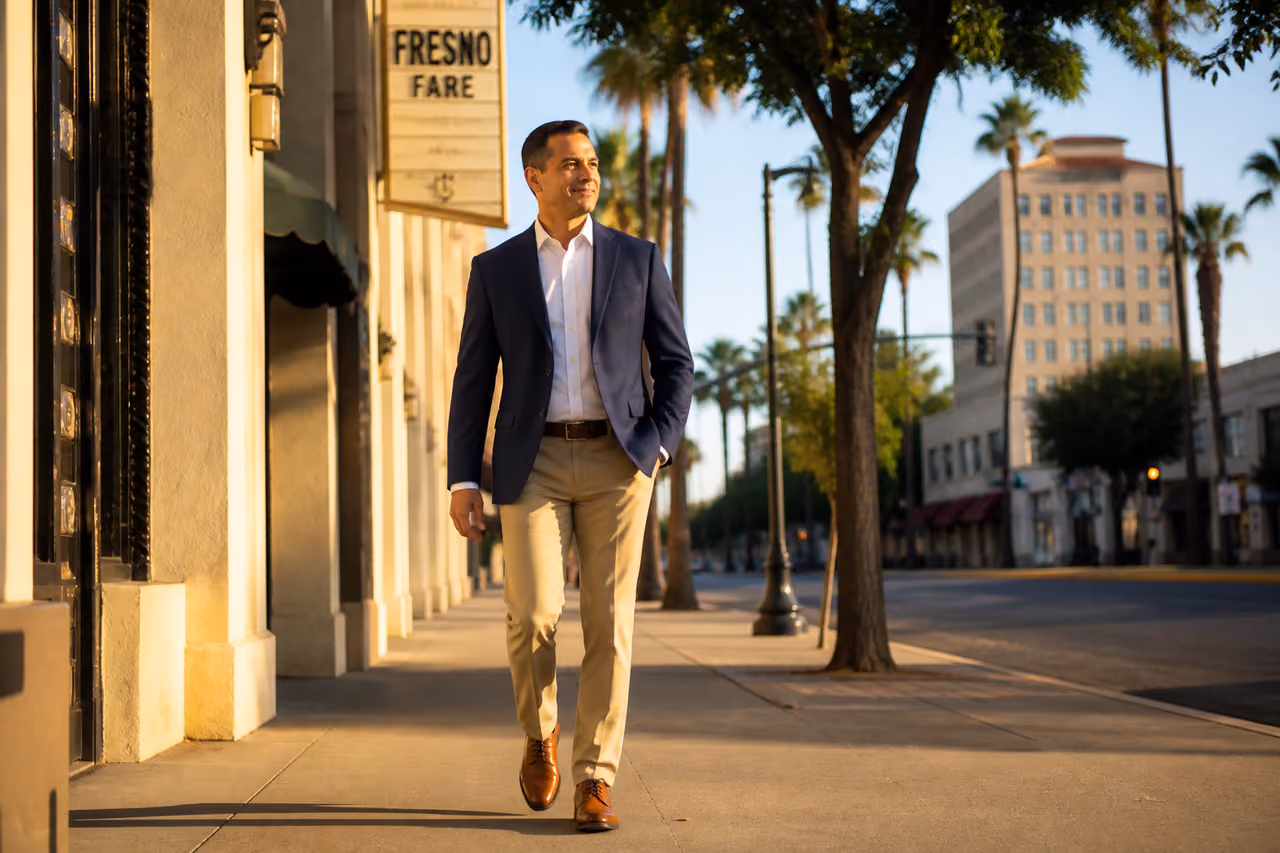 Professional Businessman Walking Through Downtown Fresno