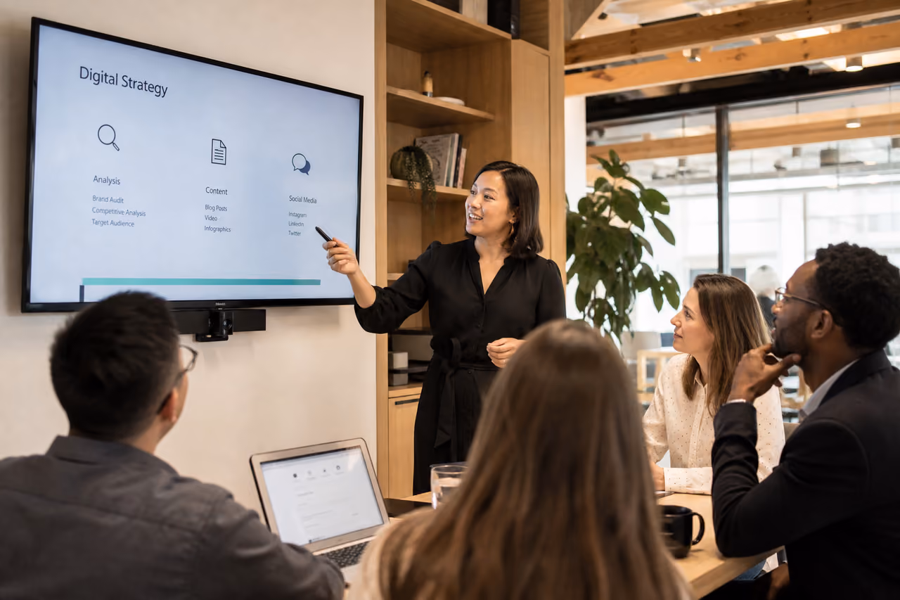 Professional Team Collaborating During a Meeting in a Modern Office