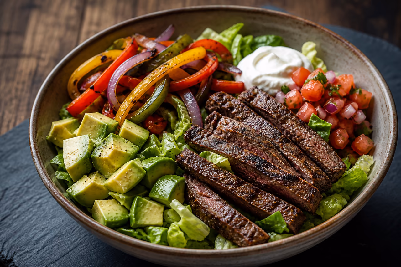 Keto Salad Bowl with Grilled Steak and Avocado