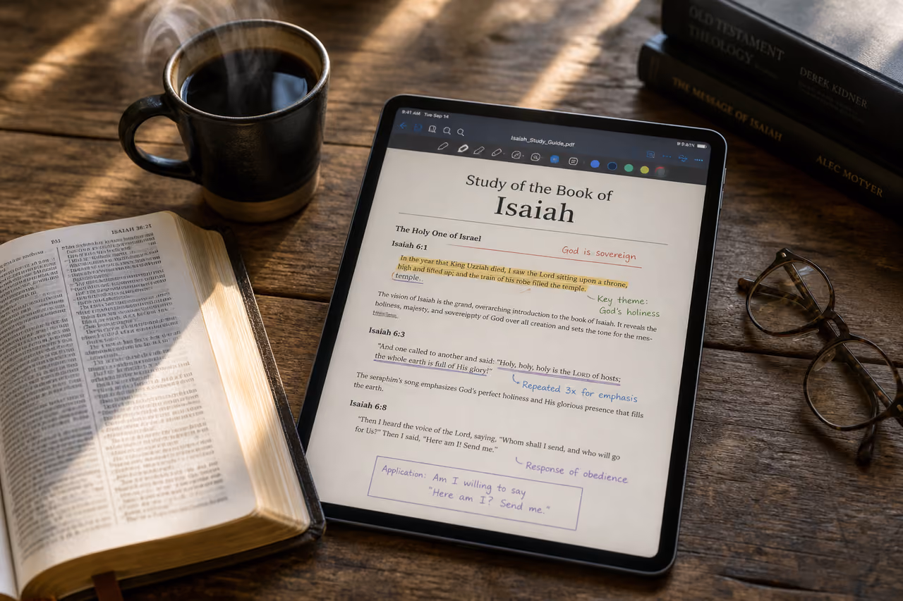 Digital Tablet and Open Bible for Study of the Book of Isaiah