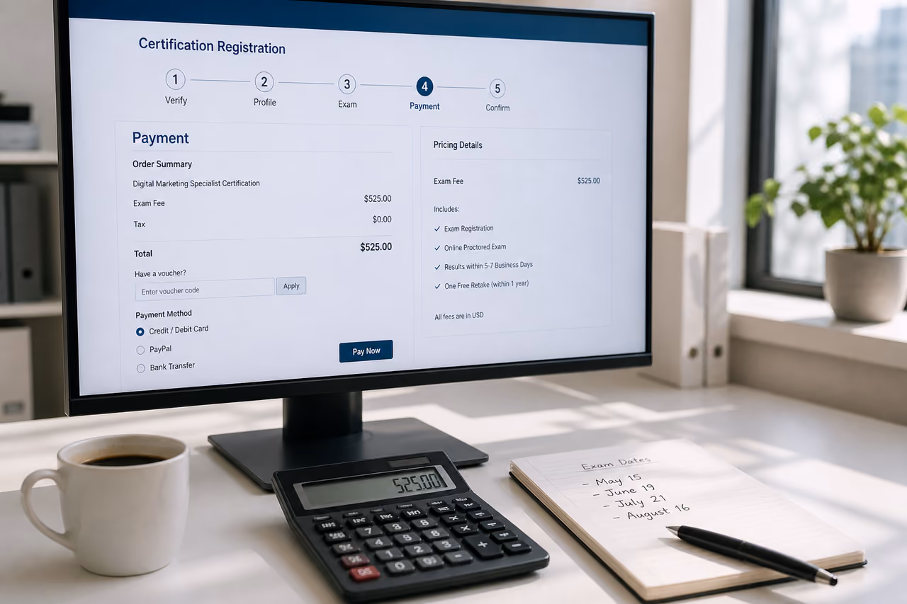 Professional Workspace with Digital Payment Screen for Certification Fees