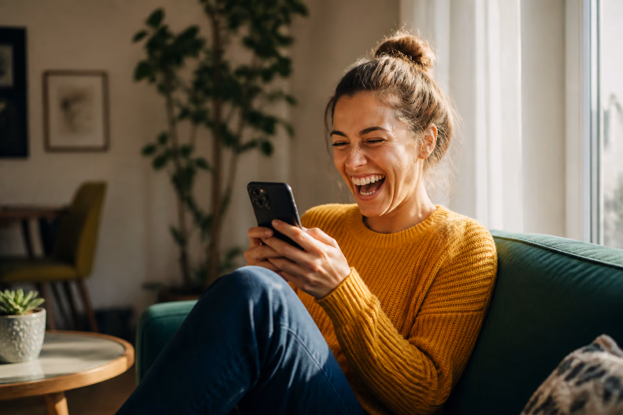 Woman Laughing While Using Smartphone on Living Room Sofa
