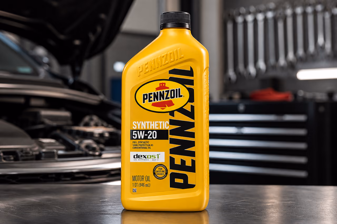 Pennzoil Synthetic 5w-20 Motor Oil Bottle in a Garage