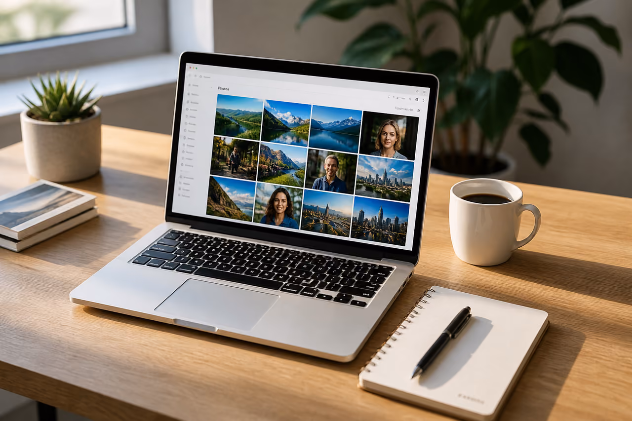 Creative Professional Browsing Stock Photos on Laptop at Desk