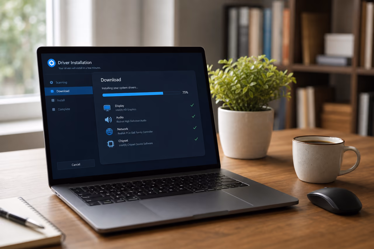 Laptop Displaying Software Installation Progress on a Wooden Desk