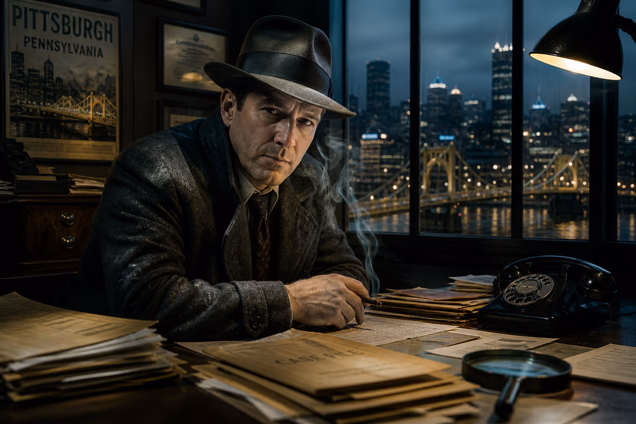 Private Investigator Reviewing Case Files in a Pittsburgh Office