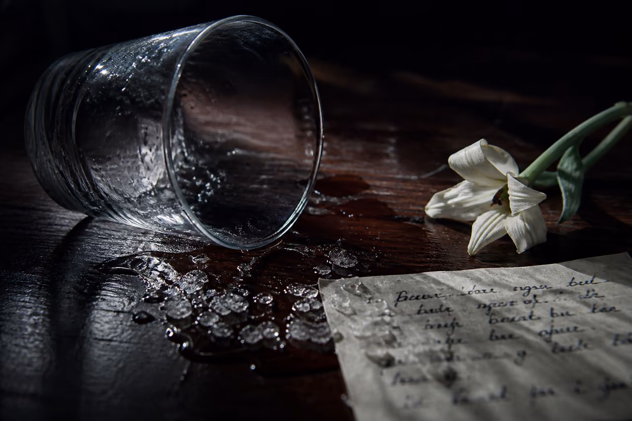 Spilled Glass and Chemical Residue on Dark Wooden Table