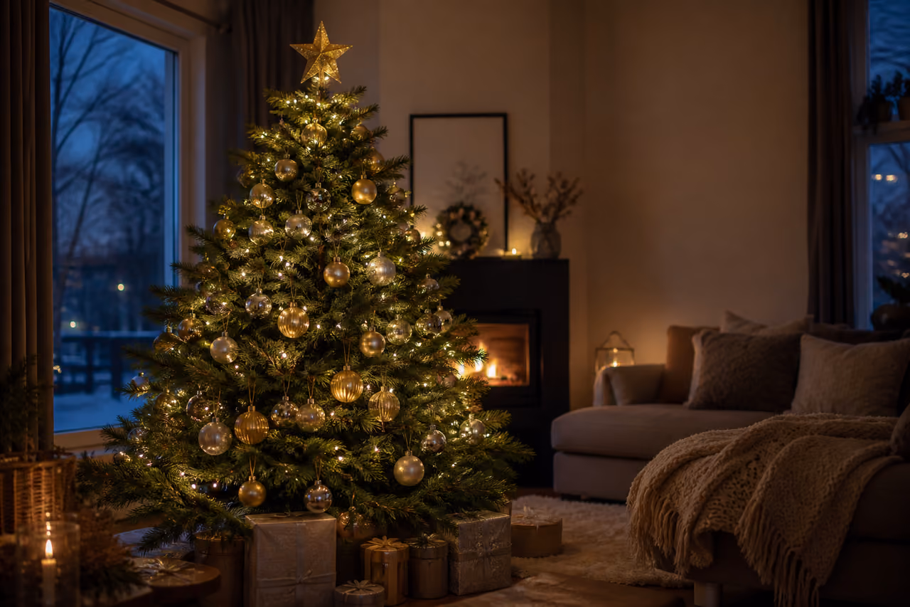Fully Decorated Christmas Tree in a Cozy Modern Living Room