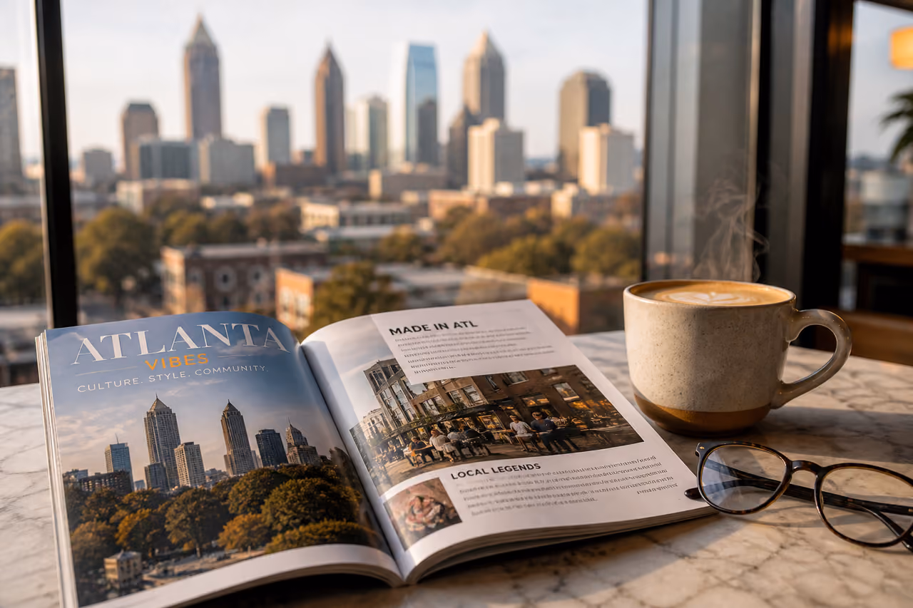 Urban Magazine and Coffee on Table with Atlanta Skyline View