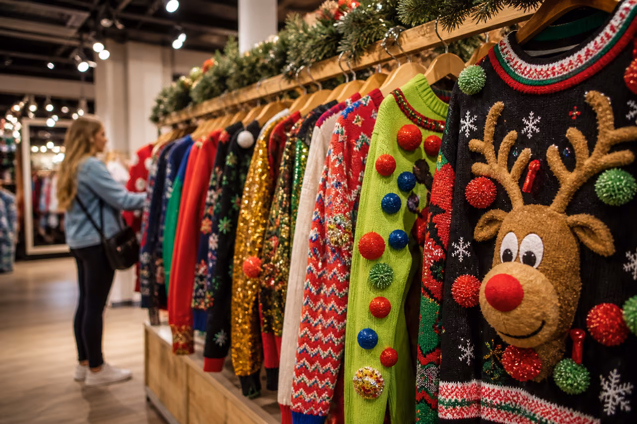 Variety of Ugly Christmas Sweaters on a Retail Clothing Rack