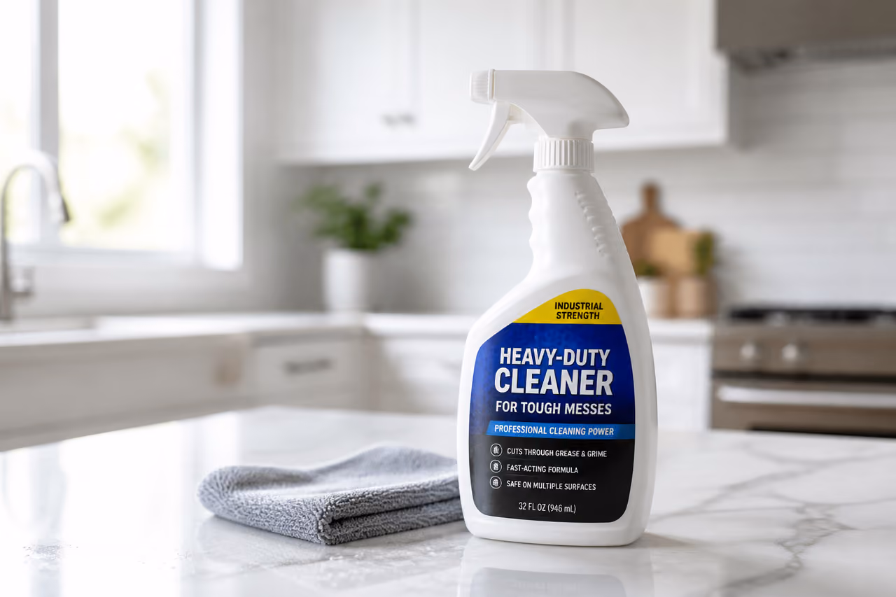 Heavy Duty House Cleaner Bottle on Marble Kitchen Counter