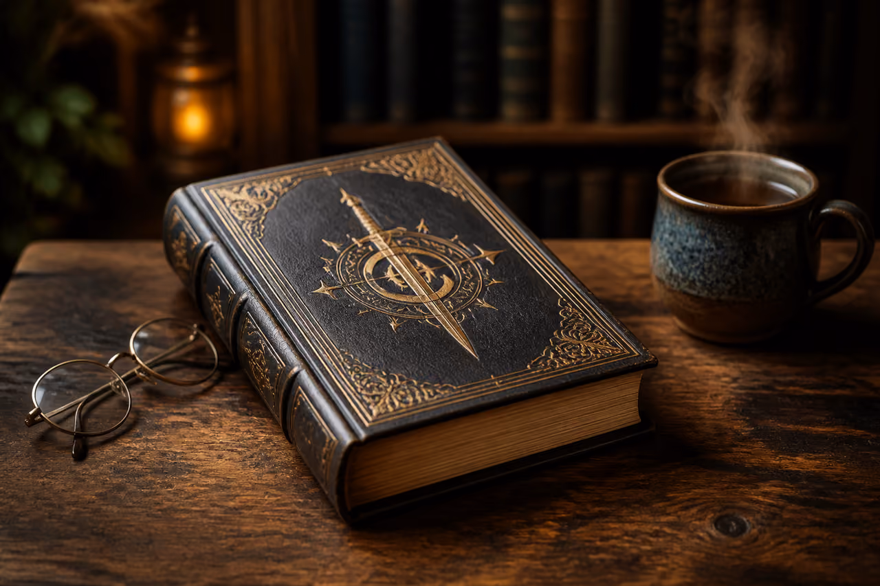Hardcover Fantasy Novel on Rustic Wooden Table with Tea