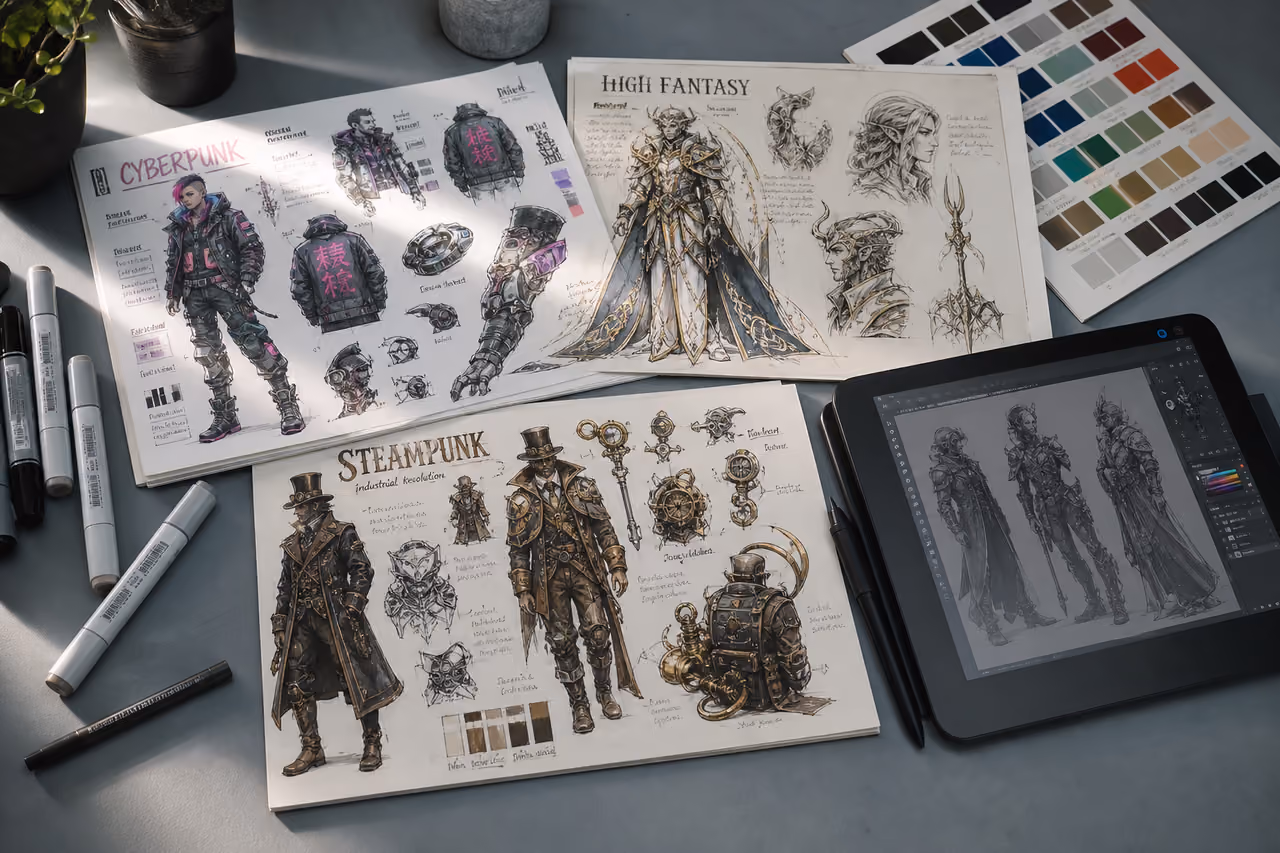 Artist Workspace with Conceptual Character Design Themes