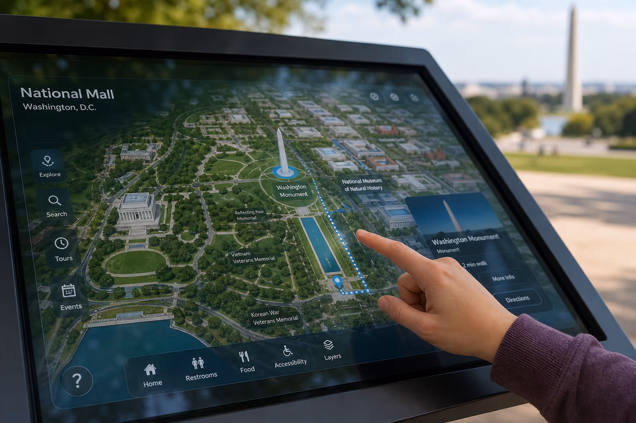 Tourist Using Digital National Mall Interactive Map Kiosk