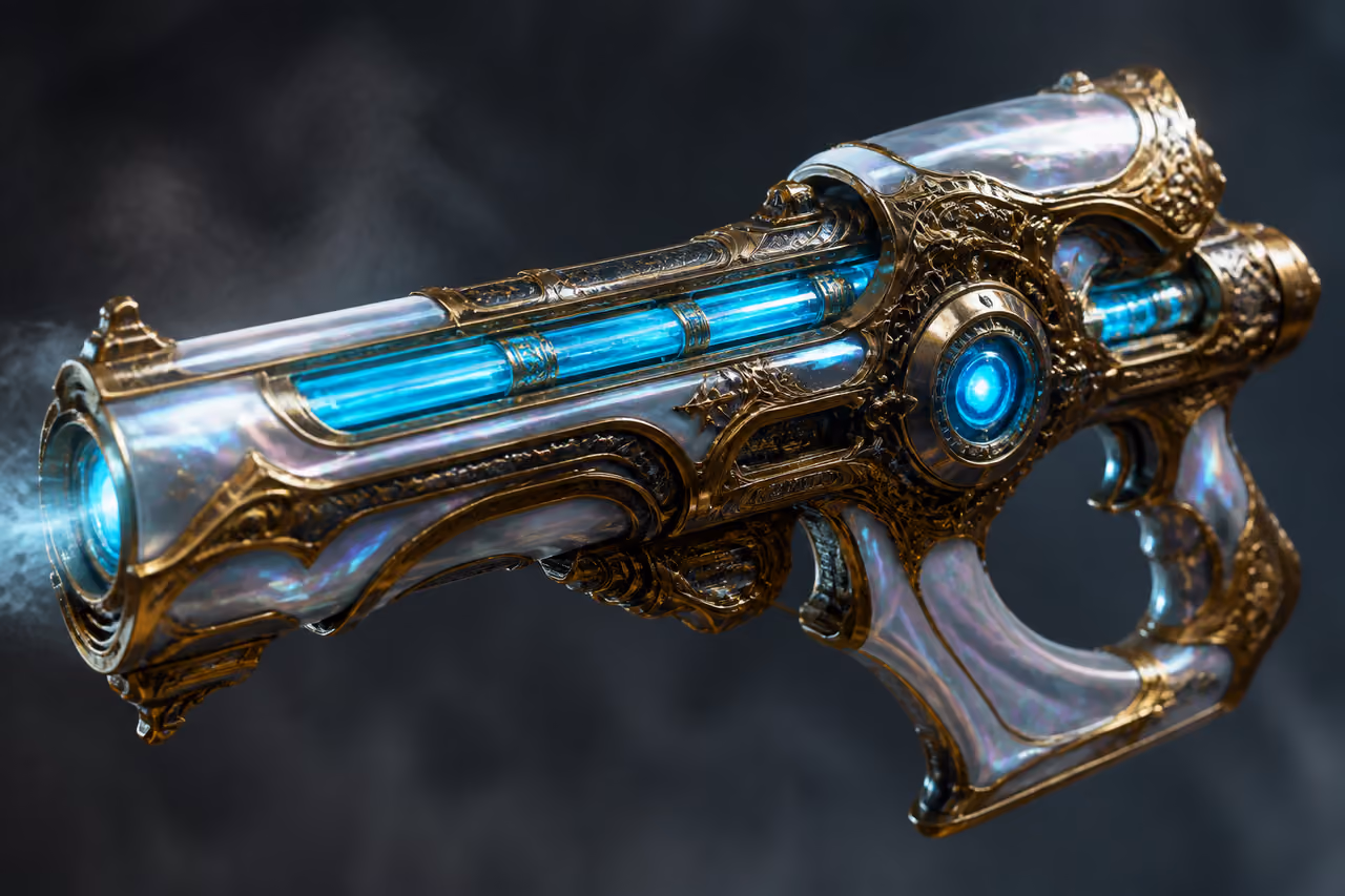 Ornate Futuristic Energy Weapon with Gold Filigree and Neon Glow