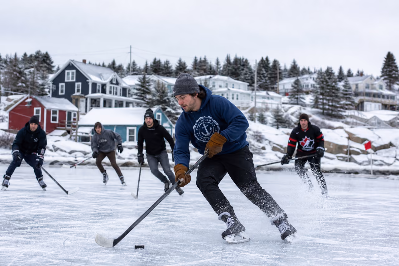 Young Adults Playing Pond Hockey in a Nova Scotia Village