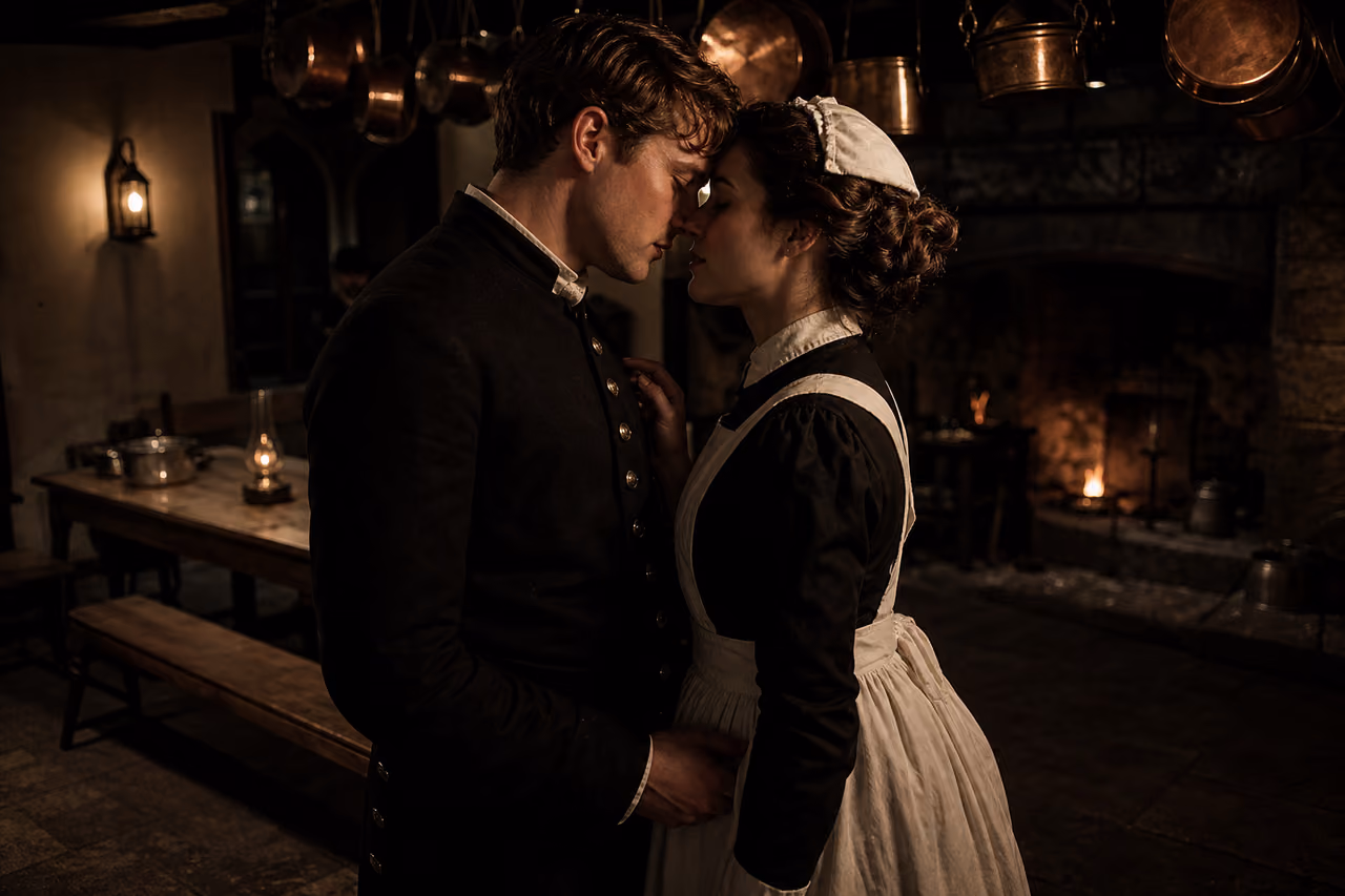 Footman and Housemaid Sharing Secret Moment in Servants Hall