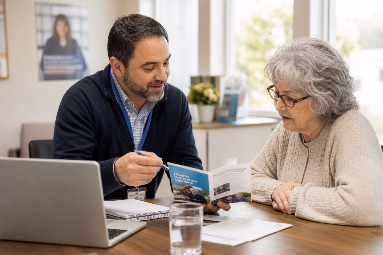 Counselor Assisting Senior Woman with Health Insurance Documents