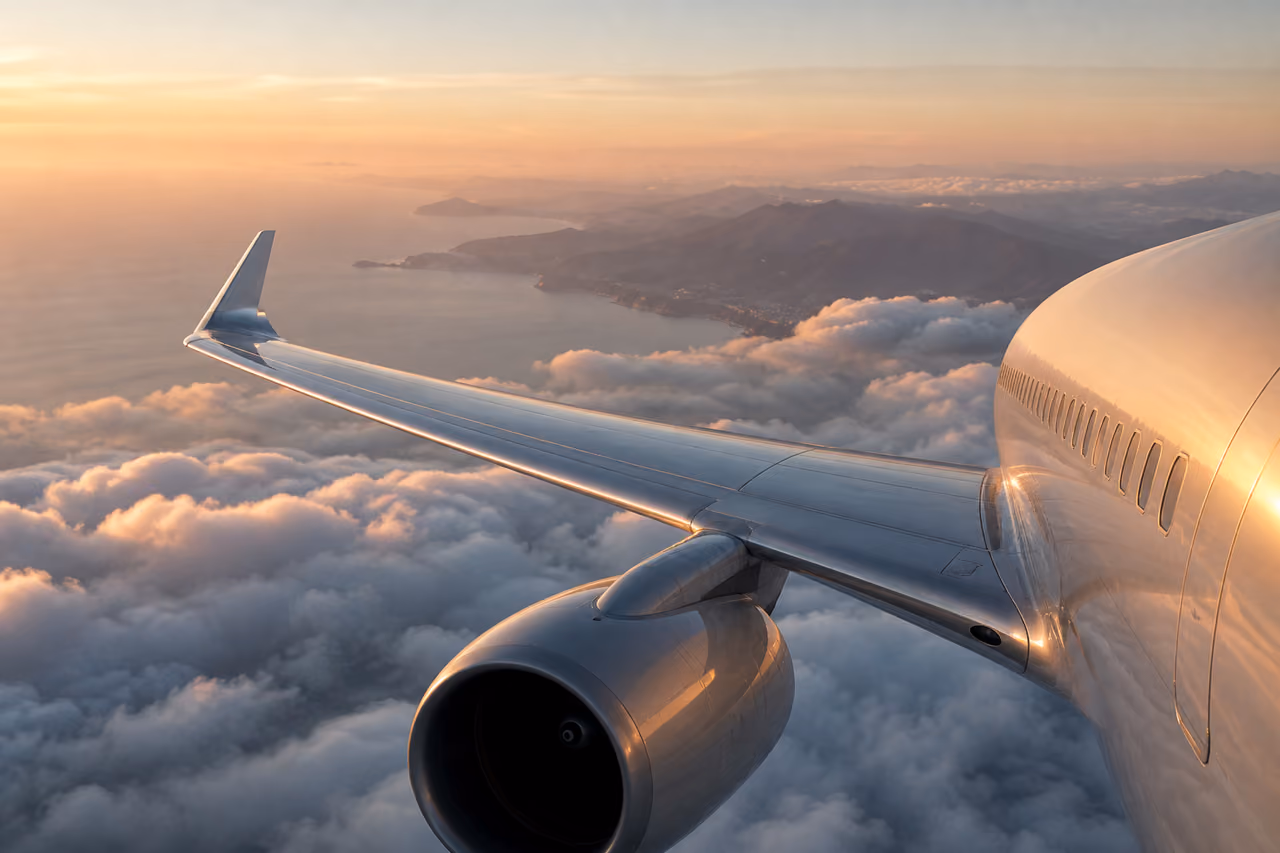 Commercial Airplane Flying Above Clouds During Golden Hour
