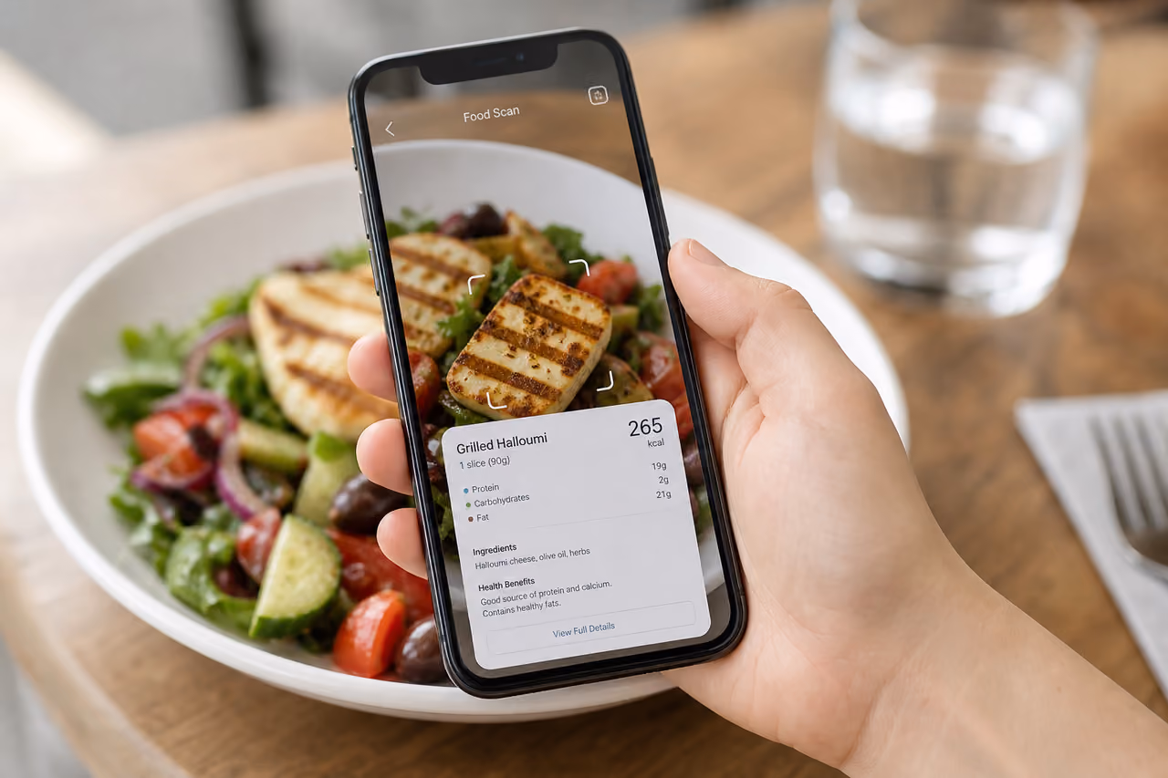 Person Using Food Id App to Scan Mediterranean Salad