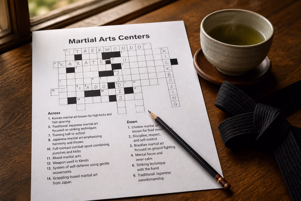 Crossword Puzzle About Martial Arts Centers on Wooden Table