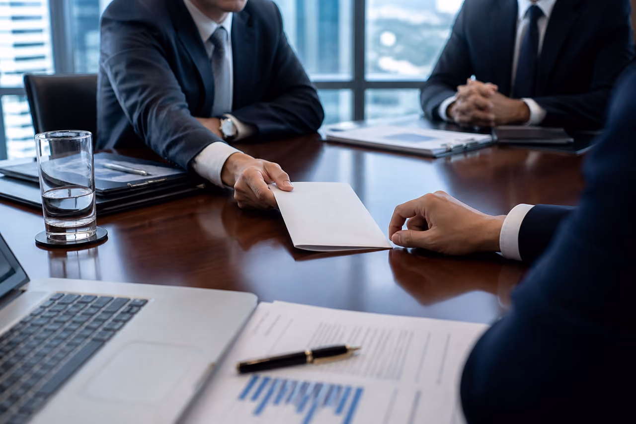 Business Professionals Exchanging Secret Envelope in Boardroom