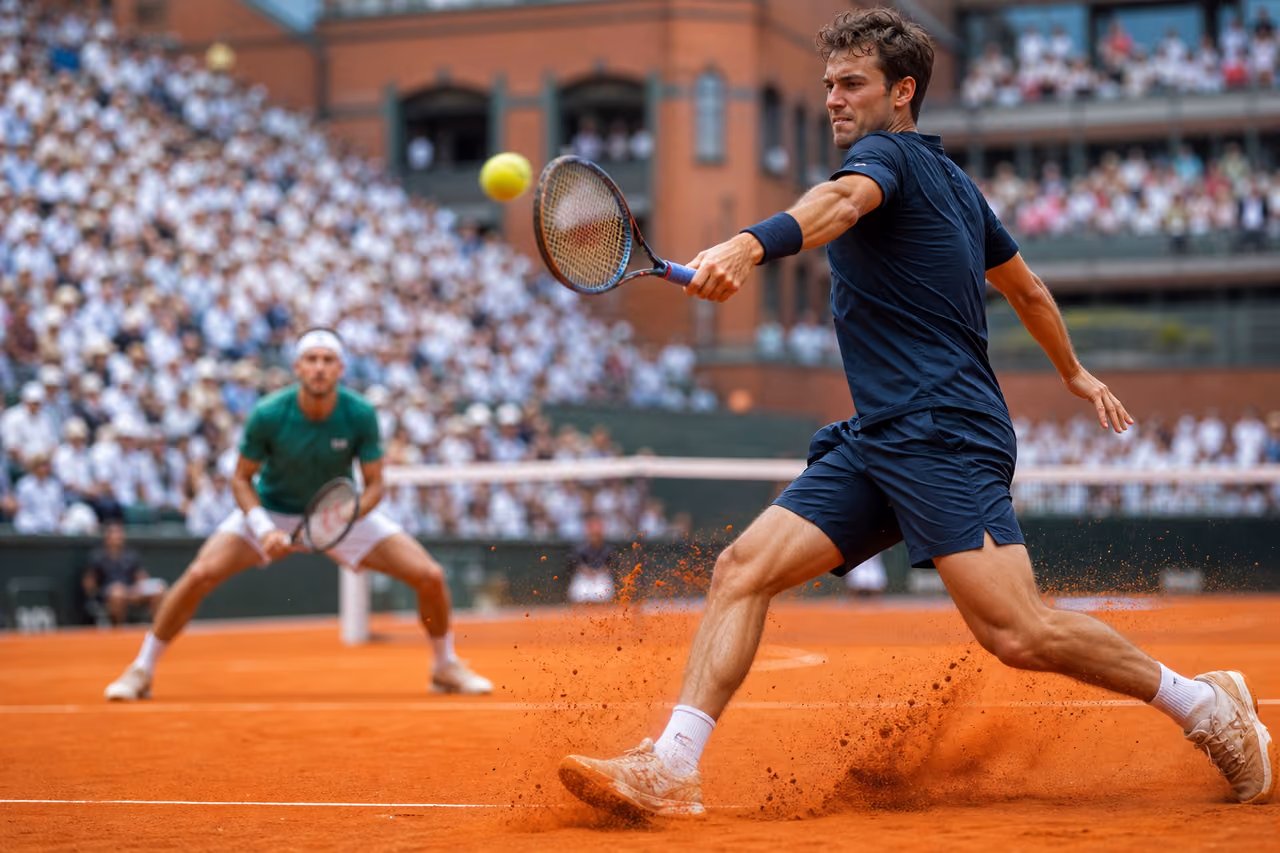 Professional Tennis Players Competing on a Red Clay Court