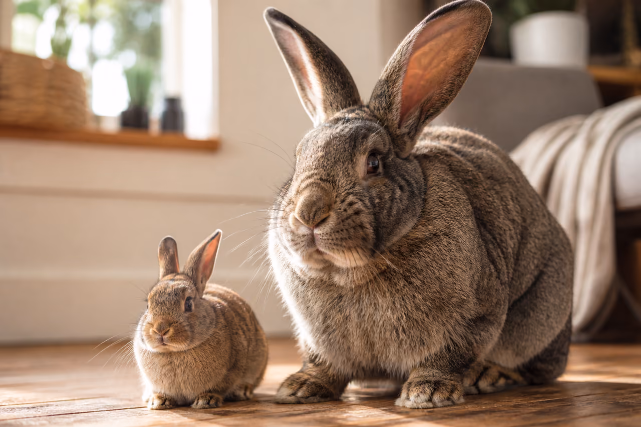Flemish Giant Rabbit Beside a Small Domestic Rabbit