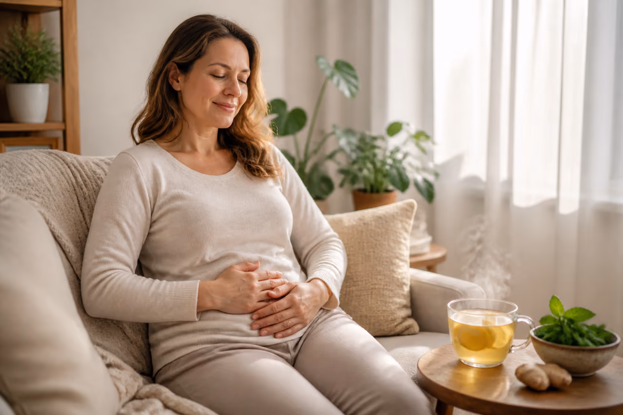 Woman Using Natural Remedies for Bloating in a Bright Living Room