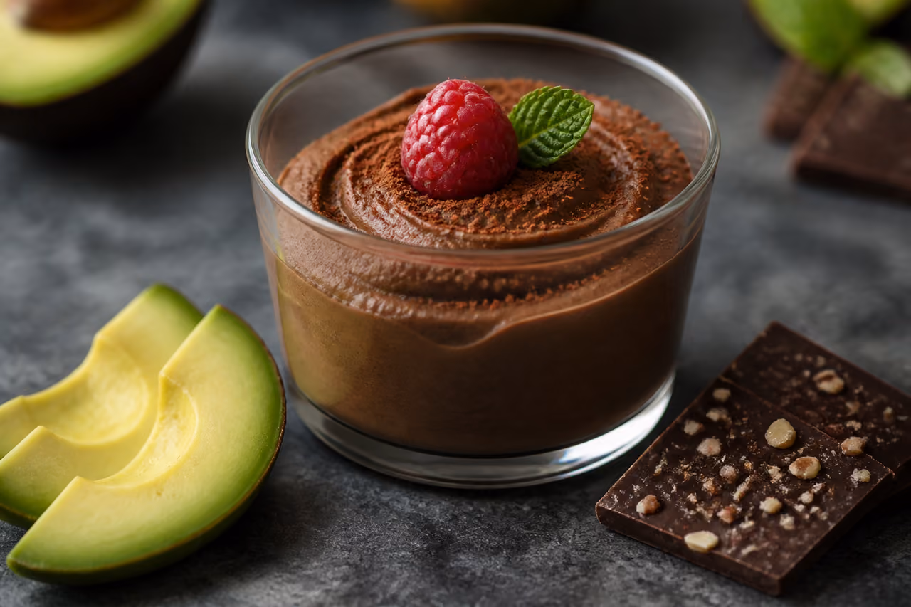 Avocado Chocolate Mousse with Raspberry and Mint Leaf