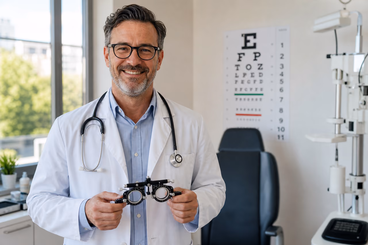 Smiling Optometrist Standing in a Modern Eye Clinic