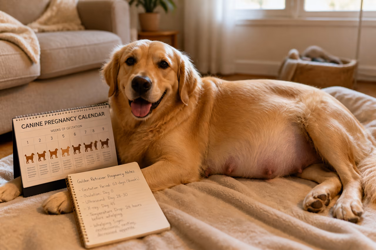Pregnant Golden Retriever Resting with Veterinary Pregnancy Calendar