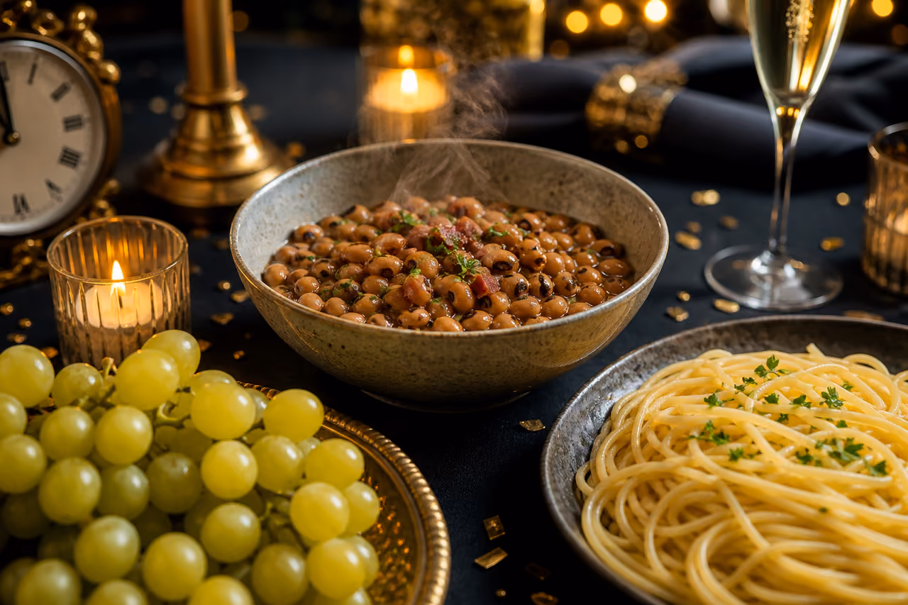 Traditional Good Luck Foods Arranged on a Festive Table