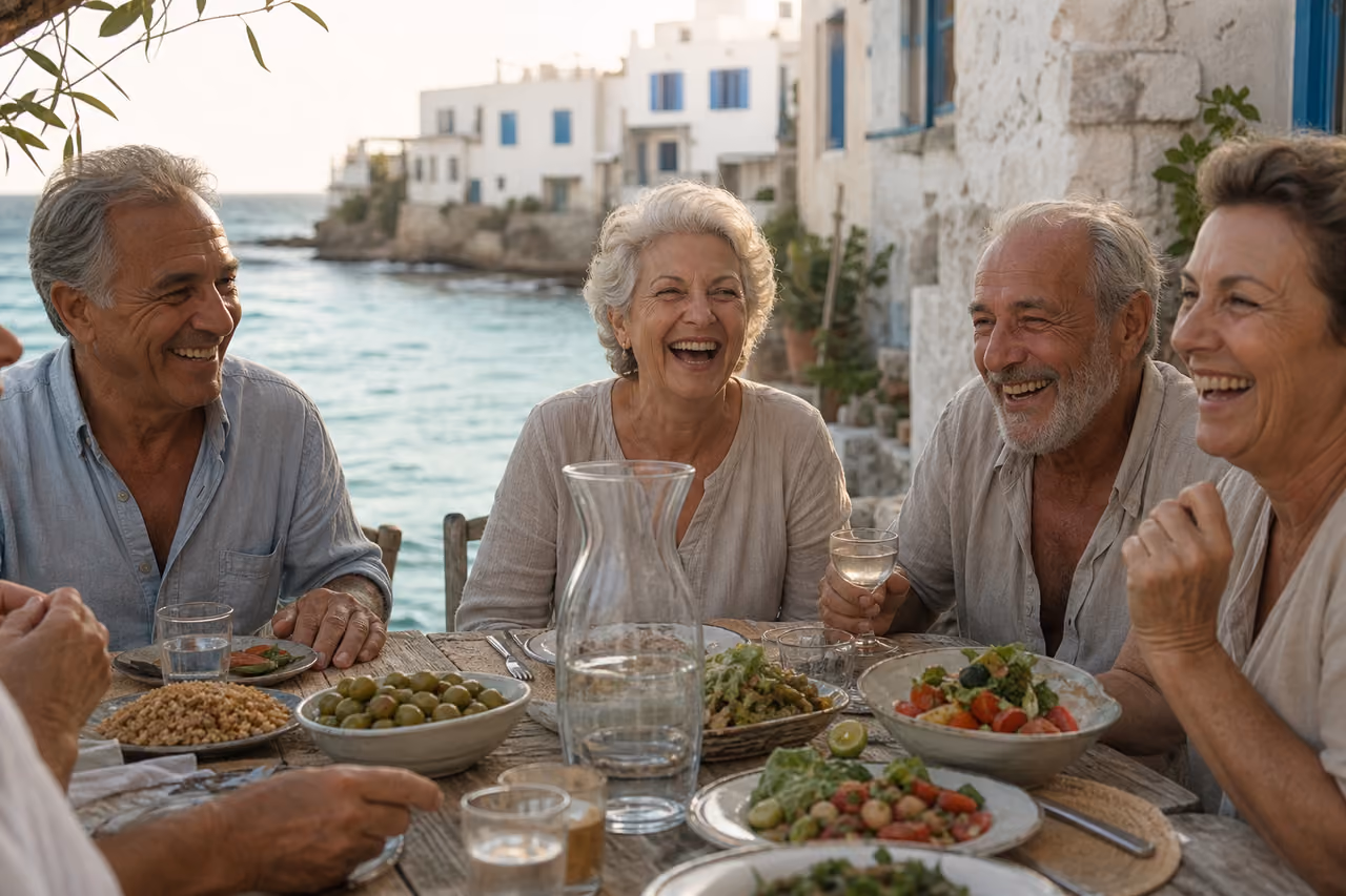 Elderly Friends Sharing a Healthy Meal in a Mediterranean Village