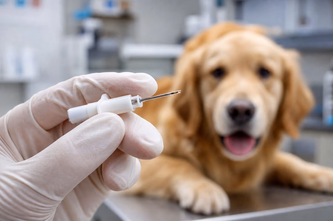 Veterinarian Implanting a Microchip Dog Tag in a Golden Retriever