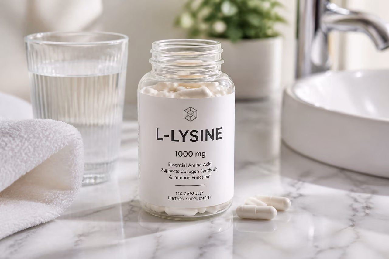 L-Lysine Supplement Capsules and Water on Bathroom Counter