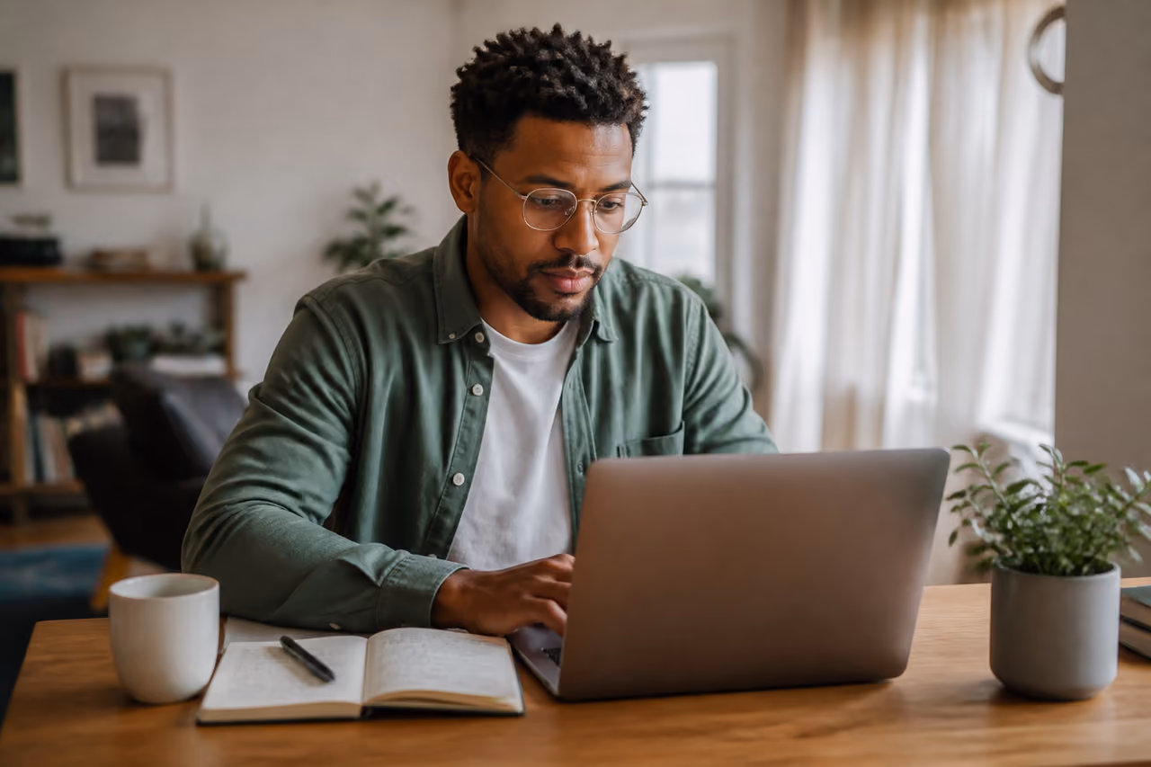 Adult Student Studying on Laptop in Home Office